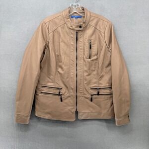 Apt 9 Womens Tan Faux Leather Moto Jacket Size L Mandarin Collar Zip Pockets